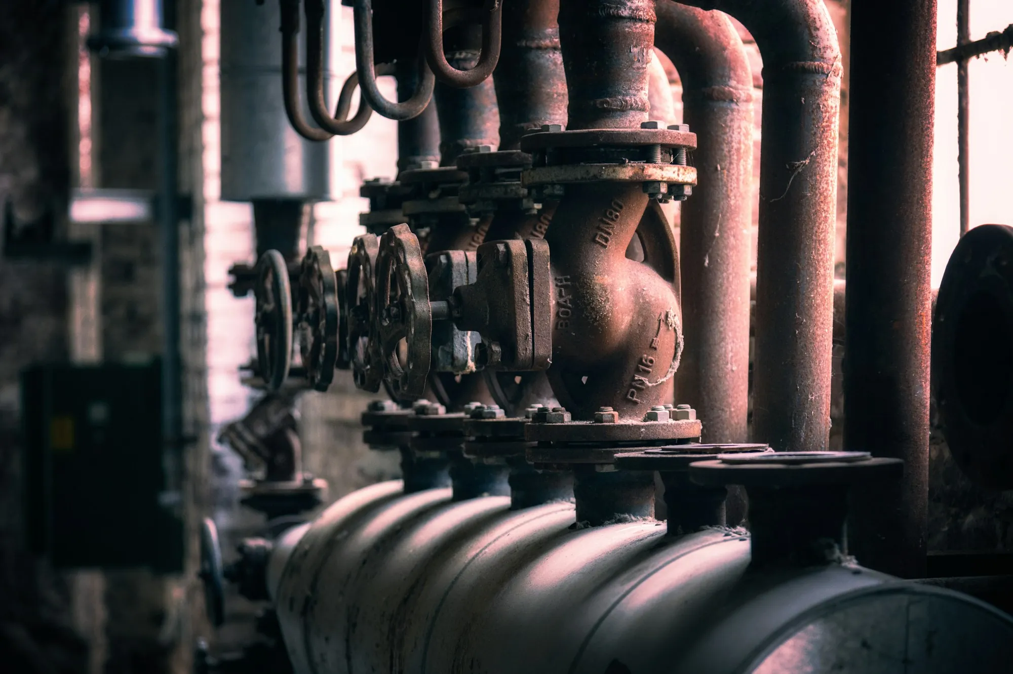 Pipes and valves in a building mechanical room